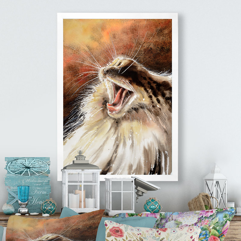 «Cute Funny Cat Yawning», reproduction d'art sur toile, Toile avec cadre blanc, H 40 po x l 30 po x P 1,5 po