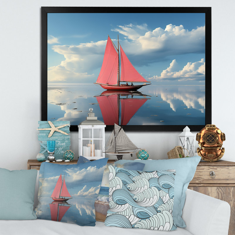 Voilier rouge arctique, tranquillité I sur toile, H 30 po x l 40 po x P 1,5 po, Cadre simple noir