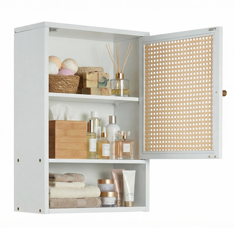 Farmhouse Rattan Wall Cabinet for Bathroom, 3-Tier Wood Storage with Woven Doors & Magnetic Catch, White