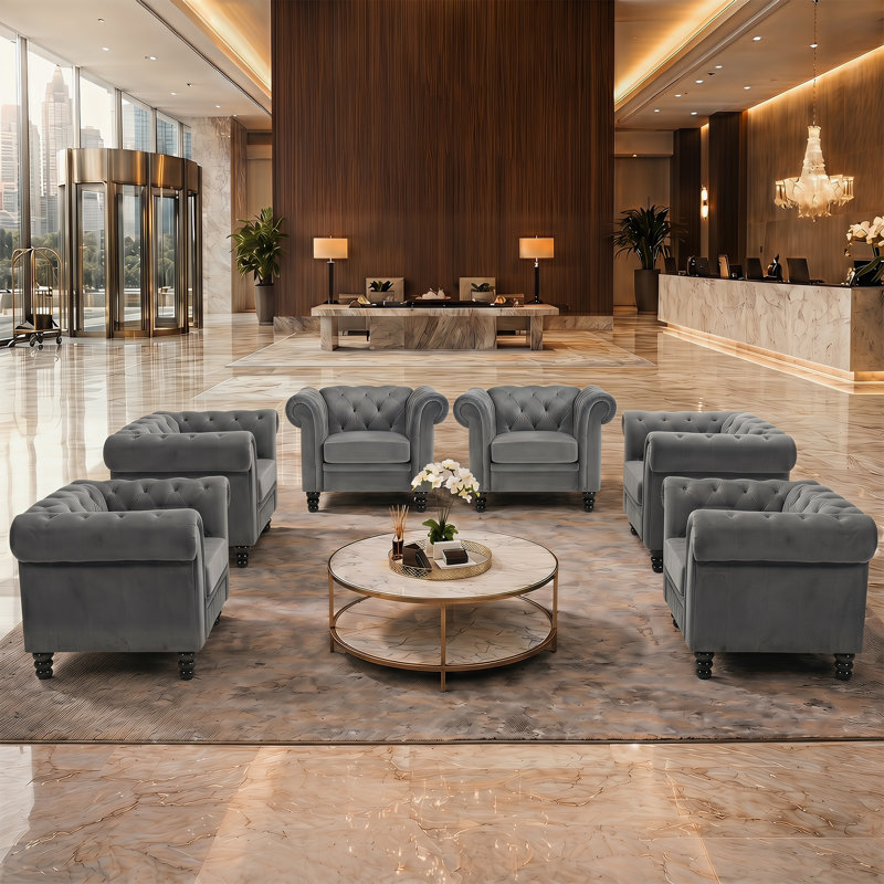 Gazim 2-Piece Tufted Upholstered Velvet Chesterfield Accent Chair Living Room Furniture Set, Gray Velvet