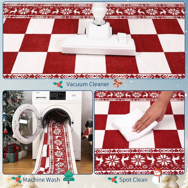 Rug, Checkered Christmas Rugs for Holiday Decor, Non Slip Low Pile Washable Rug for Kitchen, Entryway, Living Room, Bedroom, Red