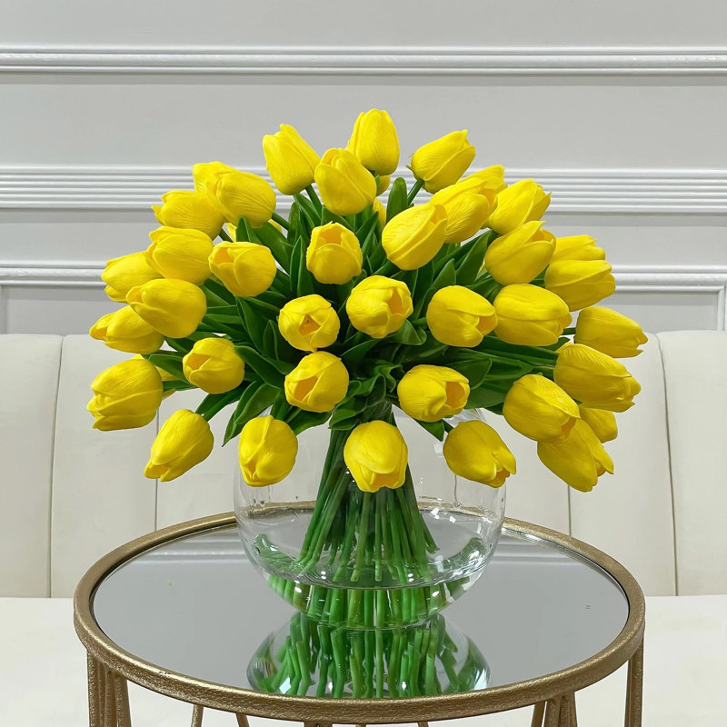 Real Touch Tulips Centerpiece In Vase, Yellow