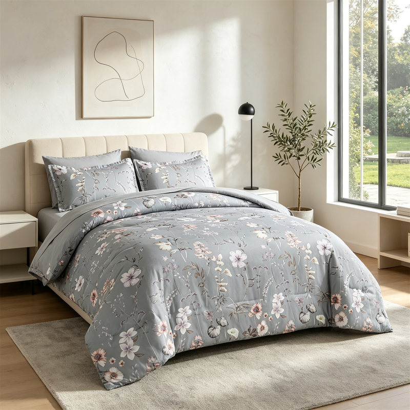 Ensemble d'édredon gris 7 pièces avec draps et taies décoratives dans un sac, Size:King