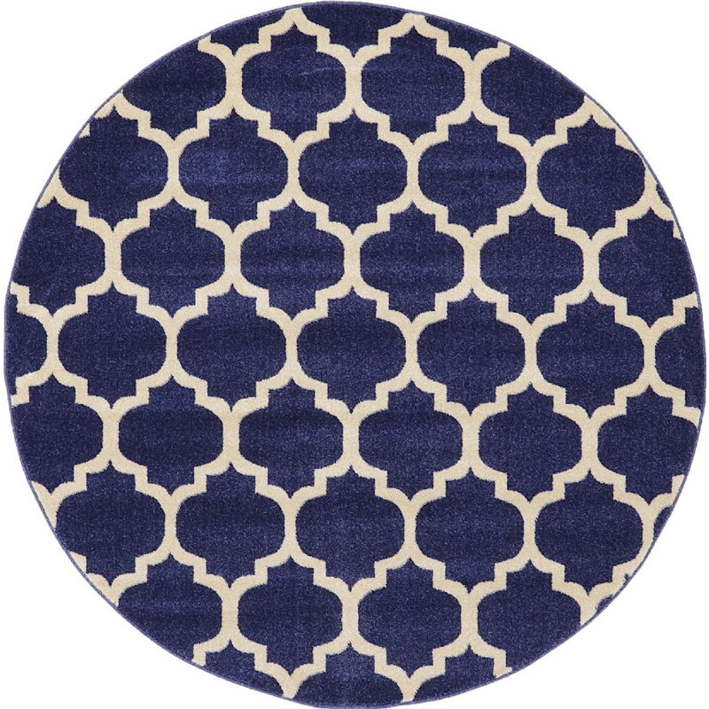 Tapis géométrique bleu foncé / ivoire Ruri, Rond 3 pi 1 po