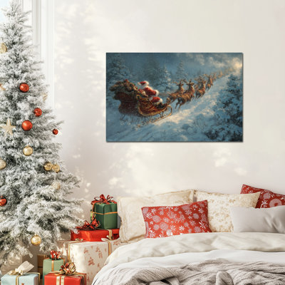 Grand art de Noël - Père Noël en traîneau, hiver, décoration murale, impressions de Noël rétro pour le salon, impression d'art sur toile, cadre en pin