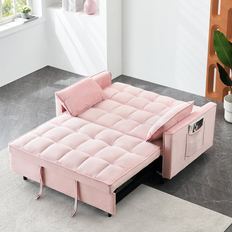 Modern Pink Velvet Pull - Out Bed With Solid Wood And Based Panel 2 Seat Love S Spring Pockets For Practicality, Pink Fabric