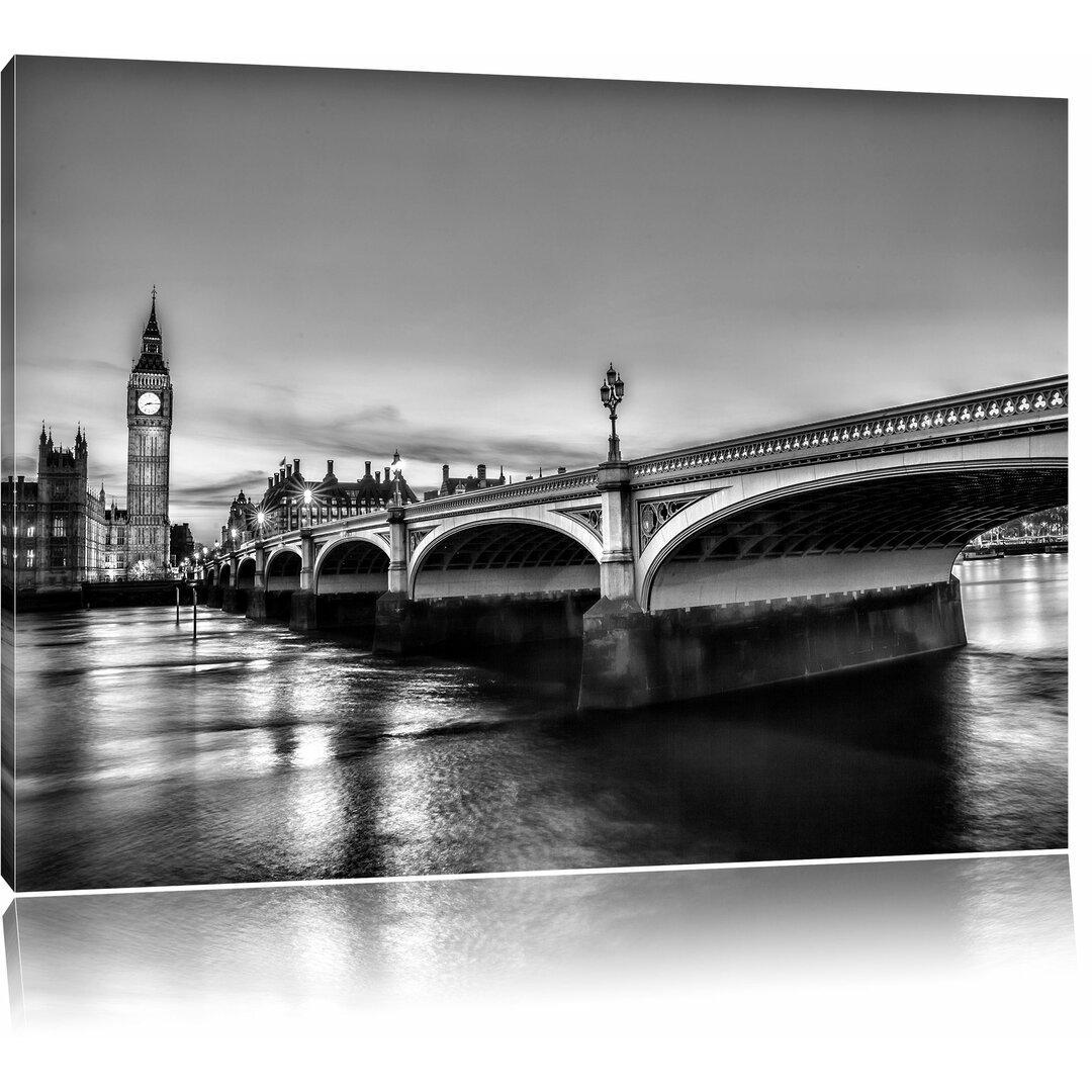 Leinwandbild Westminster Bridge und Big Ben bei Nacht in Monochrom