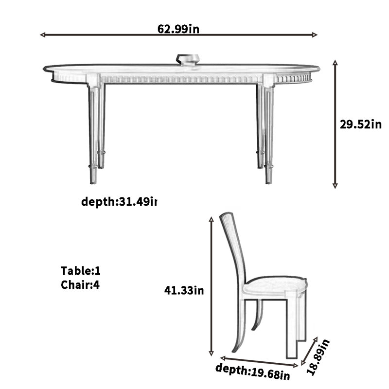 Ensemble de table à manger et de chaises de style rétro français, H 29,52 po x L 62,99 po x l 31,49 po, Noir, Noir