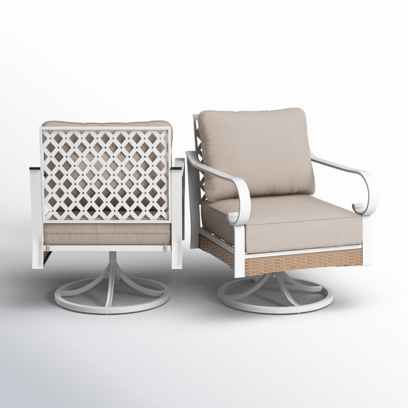 Swivel Outdoor Patio Lounge Chair, Beige Cushion/White Frame
