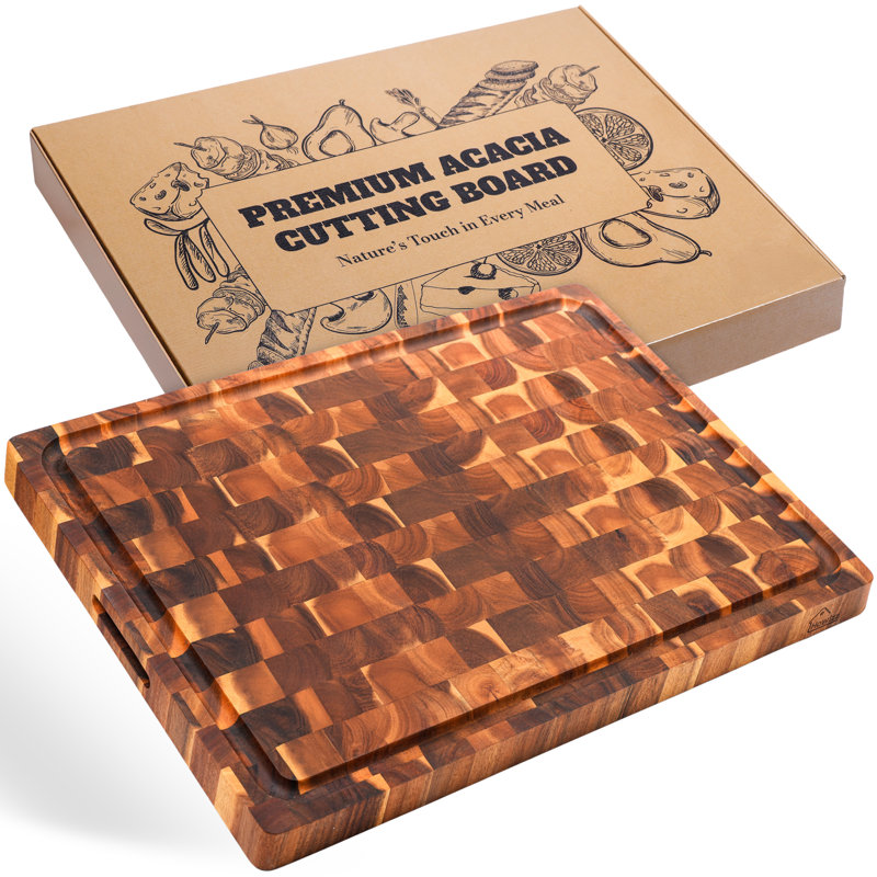 Howard End Grain Acacia Solid Wood Cutting Board - Reversible Extra Large Butcher Block with Juice Groove and Easy Grip Handle for Chopping, Serving, and Meal Prep