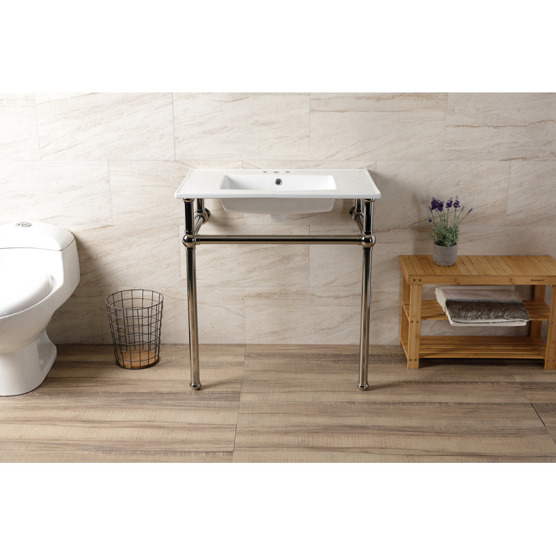 Kingston Brass Templeton 31-Inch Ceramic Console Sink with Brass Legs (8-Inch, 3-Hole), White/Polished Nickel