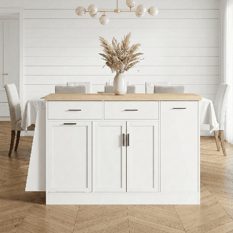 Kitchen Island Cabinet, Sideboard With Pull-Out Trash Bin, Sliding Doors & 3-Tier Spice Organizer, White