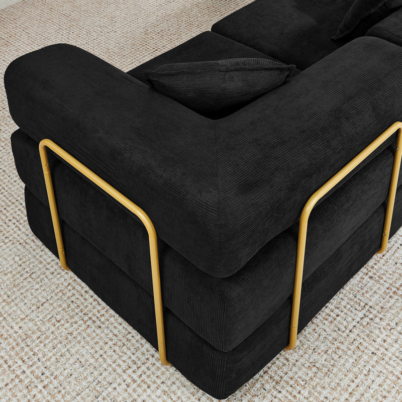 Modular Boneless Corduroy Reversible Sectional Sofa - 5-in-1 Convertible Sleeper, No-Assembly Grand King Bed, Black Corduroy