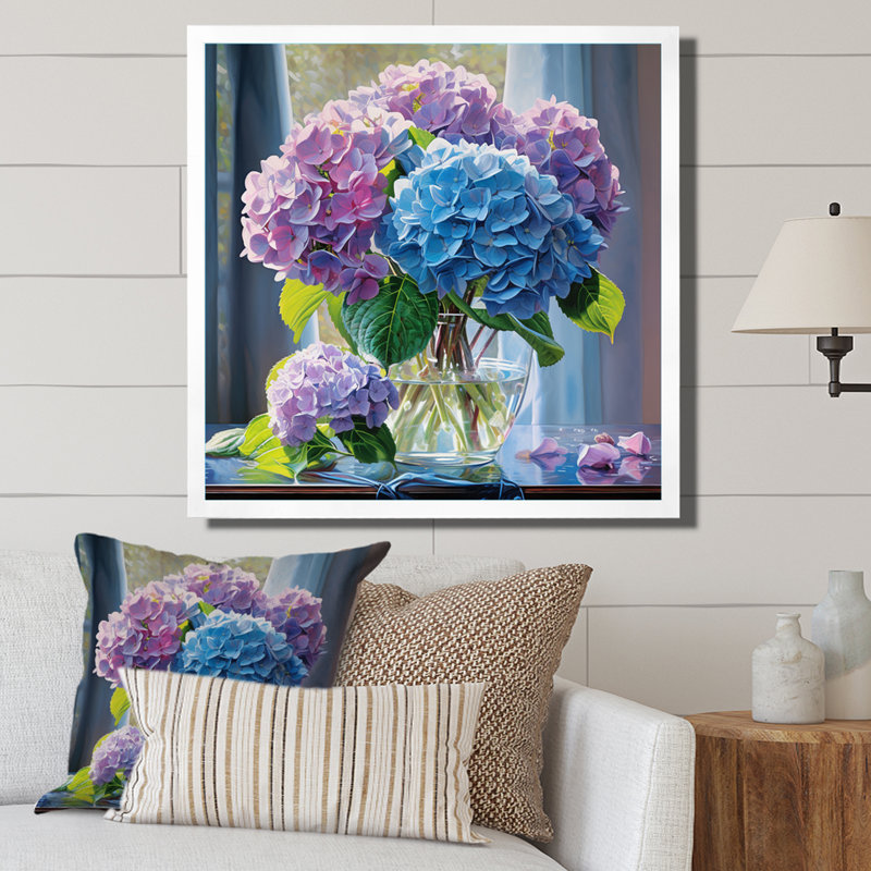Hydrangées bleues mauves gracieuses Harmony II - impression, Cadre photo blanc, H 36 po x l 36 po x P 1,5 po