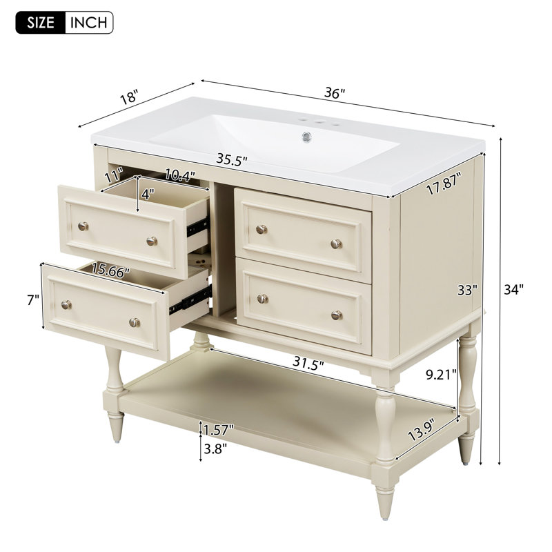 Meuble-lavabo de 36 po avec armoire à pharmacie, armoire à miroir moderne avec tablette réglable, armoire de rangement pour salle de bain à 4 tiroirs, armoire de rangement pour cadre de salle de bain en bois massif