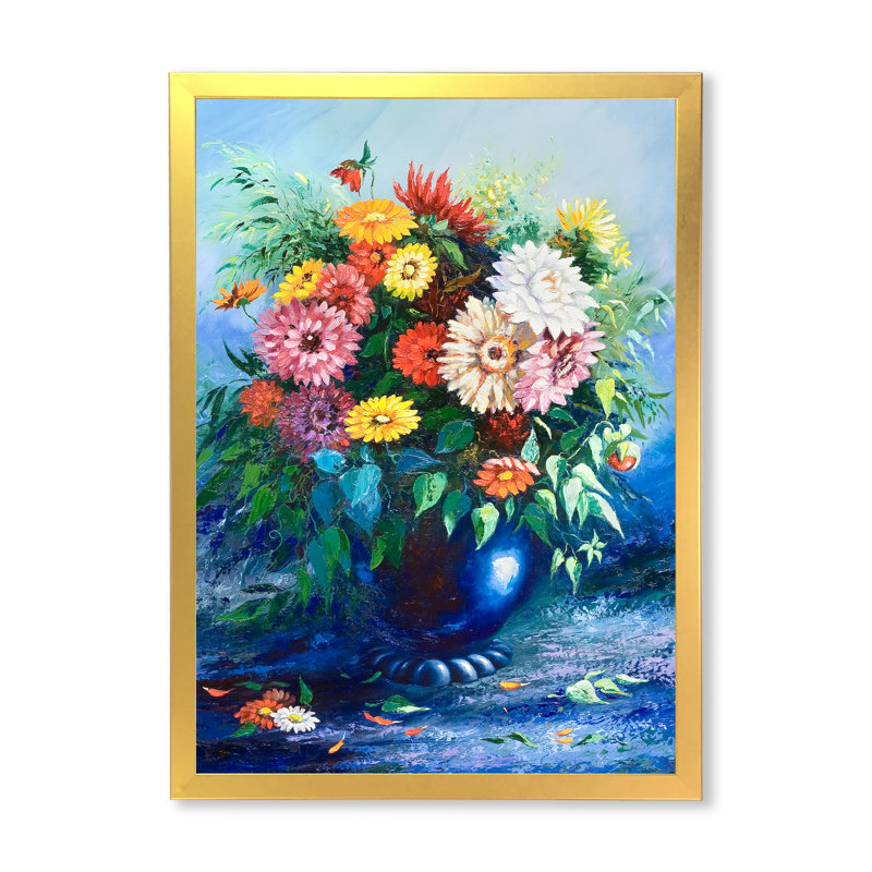 Bouquet de fleurs bleues - art mural traditionnel sur toile, Impression dorée sur toile encadrée, H 32 po x l 16 po x P 1 po