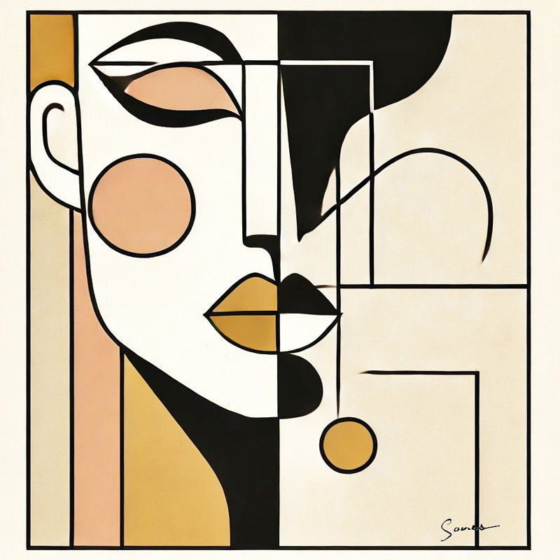 «Golden Gaze», art mural sur toile tendue - Femme avec martini dans des tons nus doux, H 12 po x l 12 po