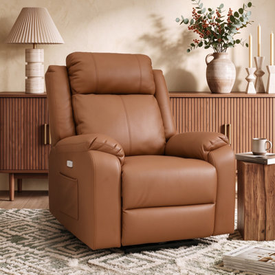 36.61" W Abdou Top Genuine Leather Power Recliner Chair with Push-Button Control, Plush Padded Armrests and High Back, Electric Recliner for Living Room, Bedroom and Home Theater - Brown