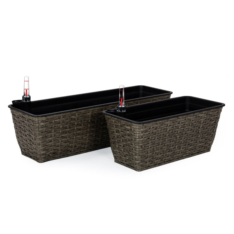 2 Rectangular Dark Gray Planter - Hand Woven Self-Watering Advantageous Practical Plant Holder, Brown