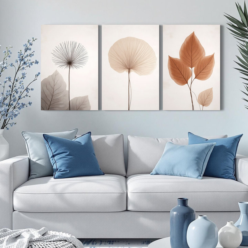 Ensemble de 3 toiles imprimées minimalistes à motifs de pissenlits et de feuilles, inspirées par la nature.