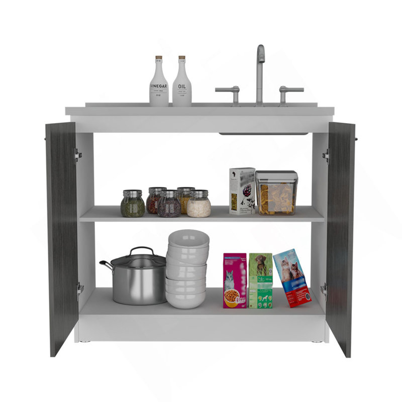 Lavabo utilitaire avec armoire, une tablette, double porte Napoles - chêne blanc / chêne fumé, Blanc / Gris