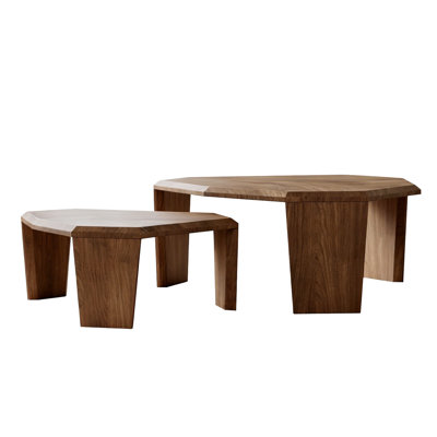 Nesting Octagonal Coffee Table Set with Thick Slab Legs & Walnut Wood Veneer