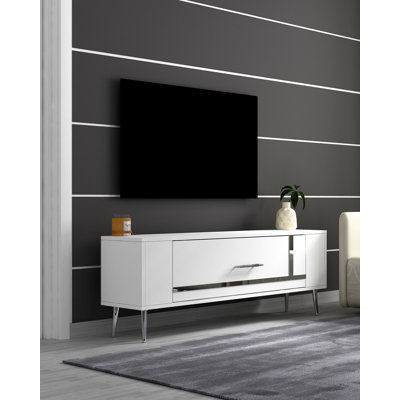 Meuble télé Catena, blanc et argent, 47,2 po x 19,0 po x 10,4 po Catena | Panneau de particules 100% enduit de mélamine | Fixable au mur, comprend une tablette de 34,1 pouces, parfait pour les centres de divertissement, design élégant et fonctionnel