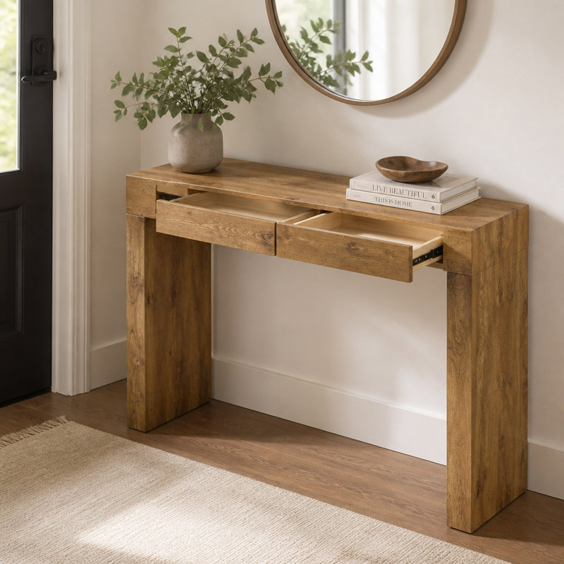 Table de bar en grain de bois naturel d'une longueur de 50 po, un choix pratique pour les maisons modernes. Autocollant texturé en grain de bois, équipé de deux tiroirs. Servant de table de bar ou de bureau.