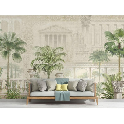 Murale de paysage tropical rétro avec jardin et architecture classique