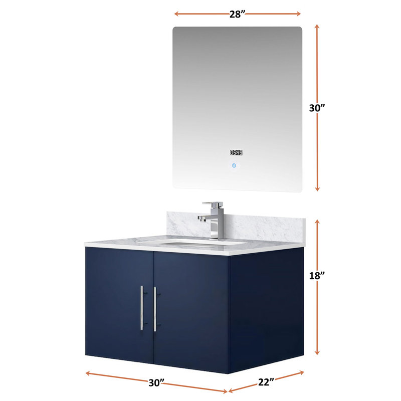 Meuble-lavabo bleu marine 30 po x 22 po, surface en marbre, robinet, miroir à DEL - dessus de qualité supérieure résistant aux égratignures et aux taches.