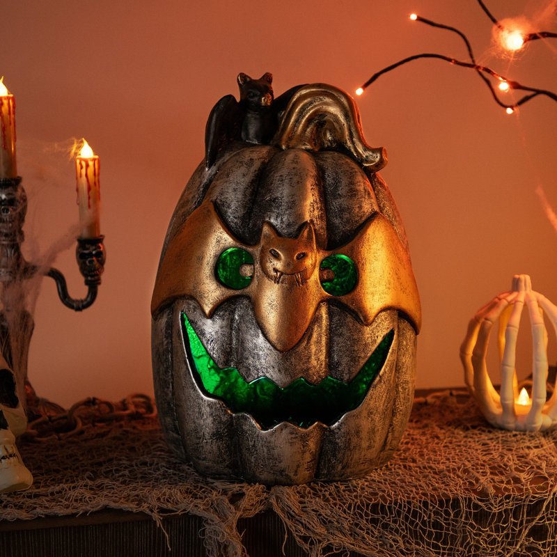 Décoration d'Halloween Jack-O-Lantern en masque de chauve-souris métallique lumineux - 14 po - DEL multicolore