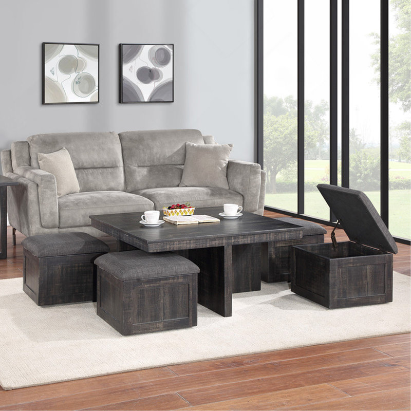 Table basse en chêne gris de 38 po avec tabourets de rangement, Gris