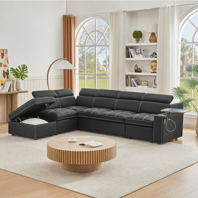 Canapé modulaire en tissu noir avec repose-pieds avec rangement