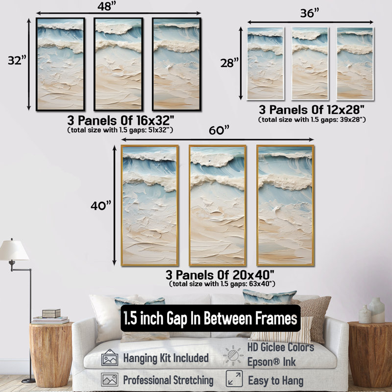 «Beige and Blue Coastal Beach Paint I», ensemble d'art sur toile de plage, H 40 po x l 60 po x P 1 po, Cadre flottant doré