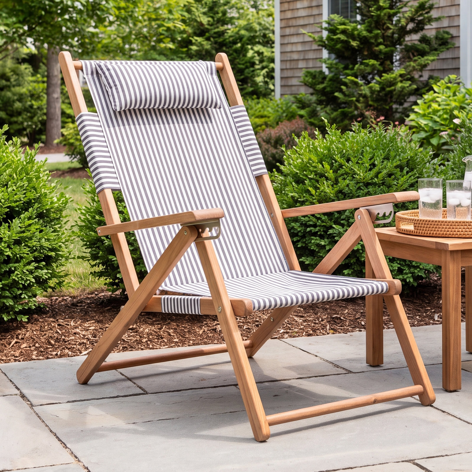 Reclining Beach Chair with Cushion, Lauren's Navy Stripe