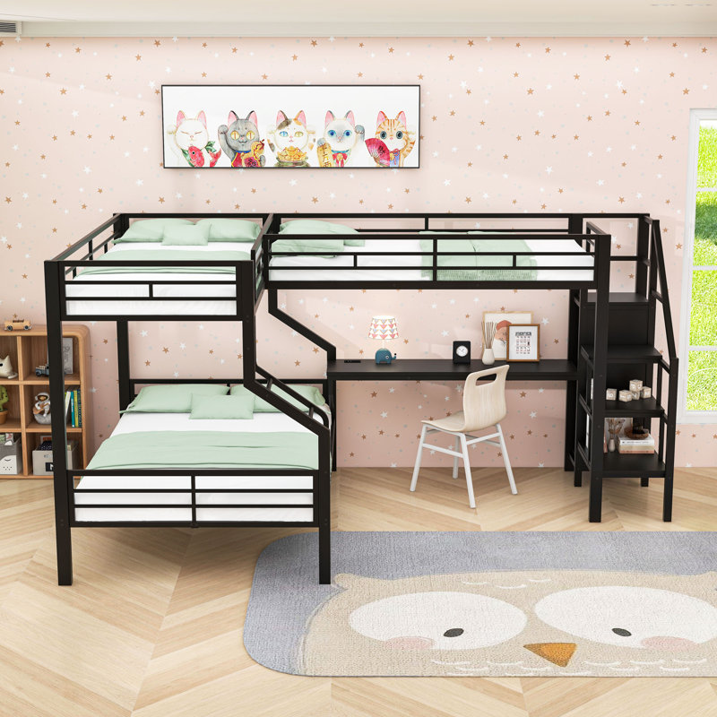 Harriet Bee Twin Over Full and Twin L-Shaped Bunk Bed with Built-in Wardrobe and Desk with USB - Thumbnail 2