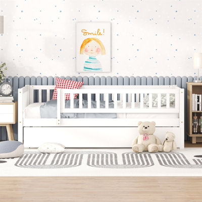 Lit de jour simple en bois avec couchette et garde-corps, blanc