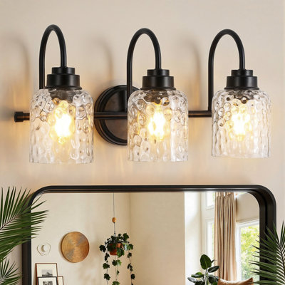 3-Light Vanity Light Glass Bathroom Black Metal Wall Sconces