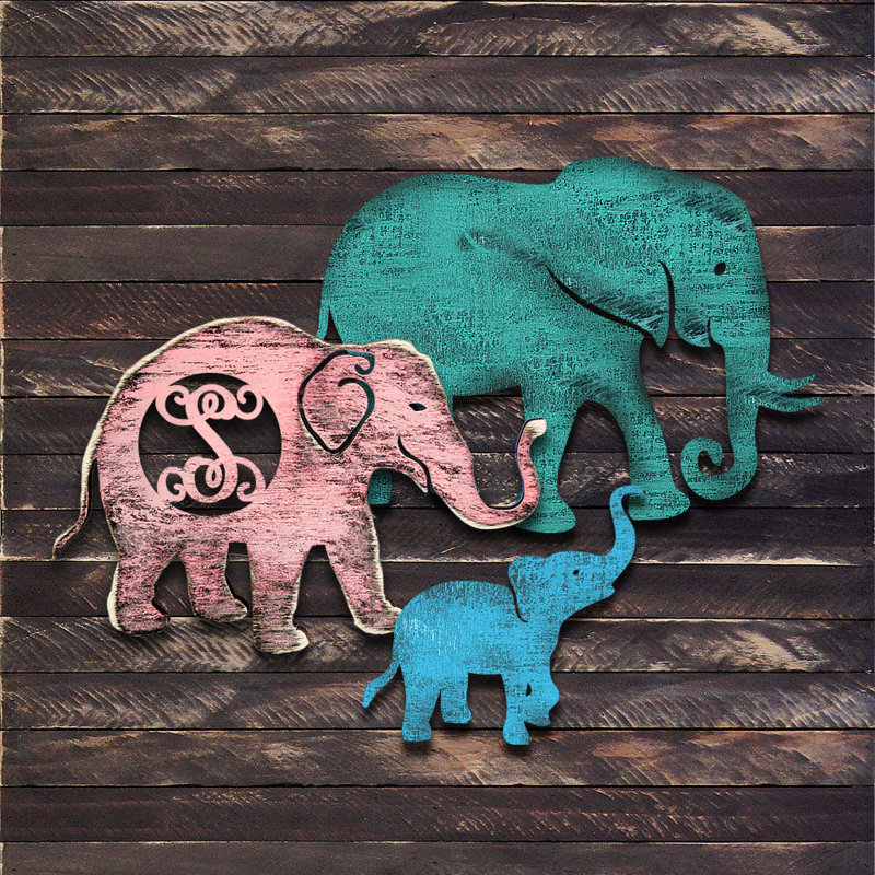Décoration murale monogramme en bois 3 lettres éléphant family, H 24 po x l 18 po, Oui