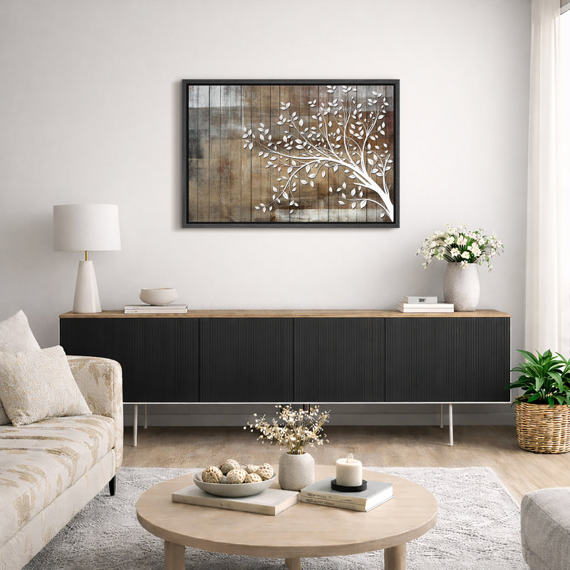 Abstract Tree "White Branch Leaves On Wood Effect Background Artwork, Abstract Neutral Tan Rustic Wall Pictures, Large Framed Canvas Giclee Print Wall Art"