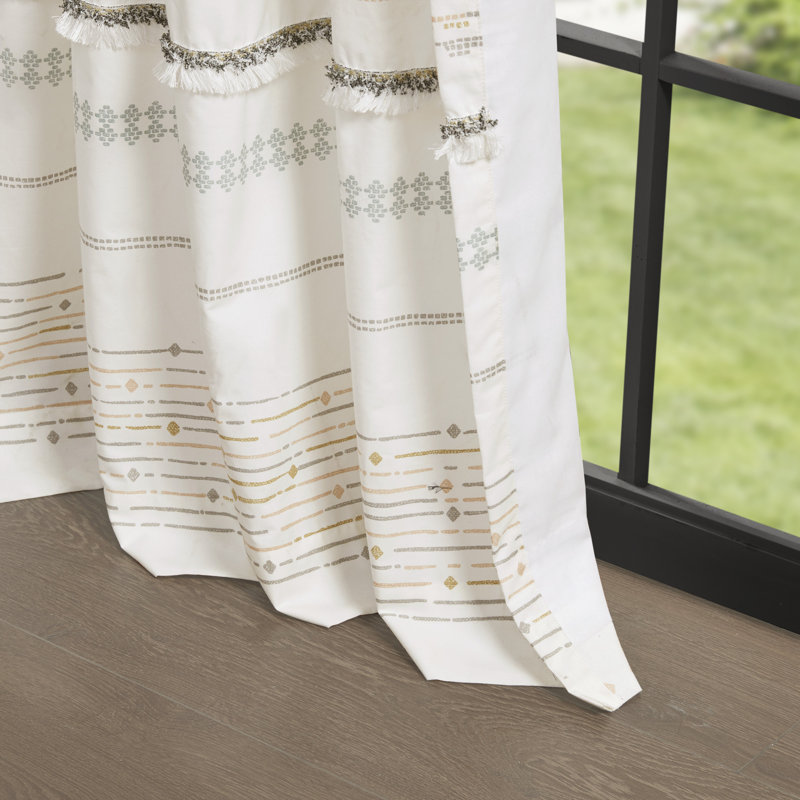 Nea White Cotton Light-Filtering Tassel Trim Curtain Panel