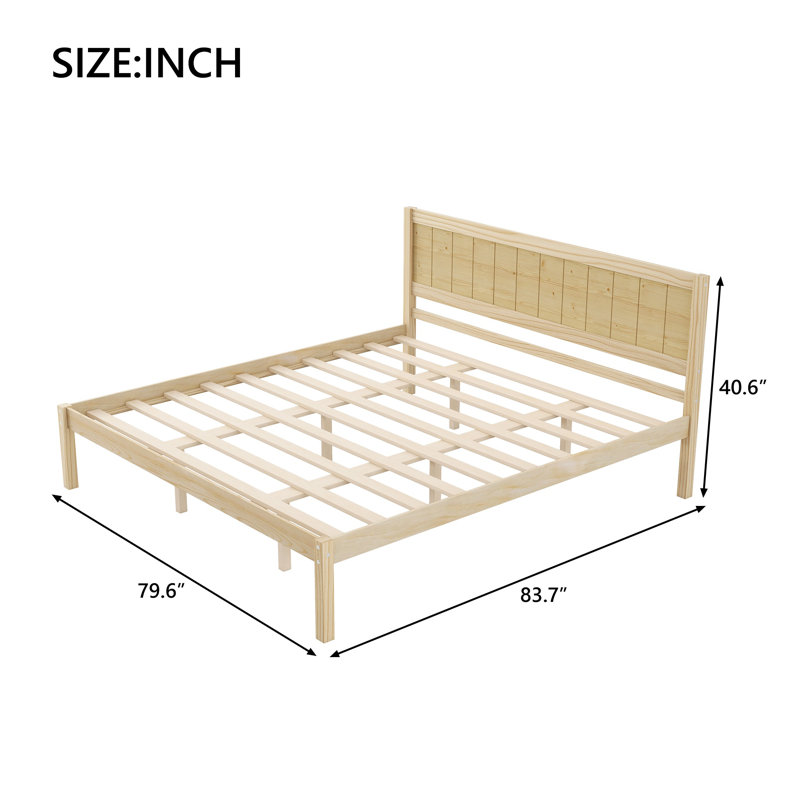 Base de lit plateforme en pin naturel avec tête de lit en bois massif - Aucun sommier requis, support à lattes robuste pour chambre à coucher moderne