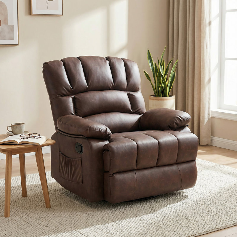 Breasha 39.7" Wide Transitional Leather Swivel Rocker Manual Recliner, Mocha