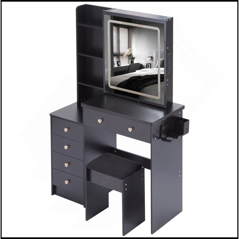 37" Middle Size Left Bedside Cabinet Vanity Table + Cushioned Stool Dresser Set, 2 AC+2 USB Socket, Hair Dryer Stand, Large Touch Control LED Sliding Mirror, 3-Color Switch, EPA, GCC, UL Certificate