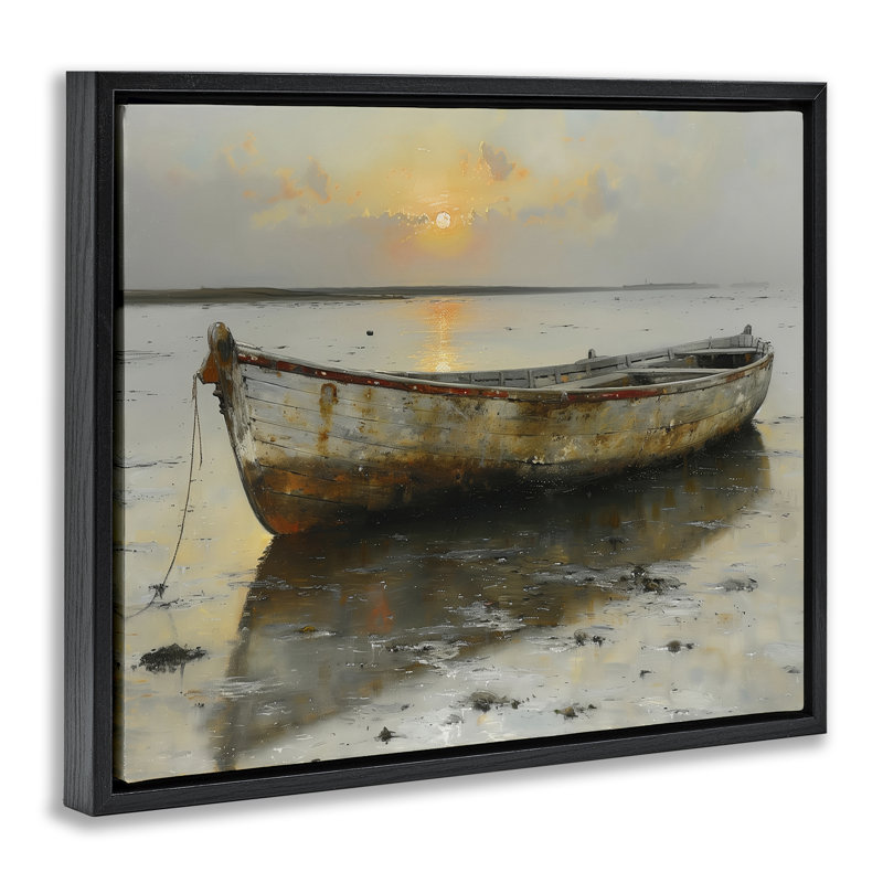«Beached Boat at Sunset Floater», art mural par Arlington Prints, Cadre flottant noir de jais, H 17 po x l 21 po