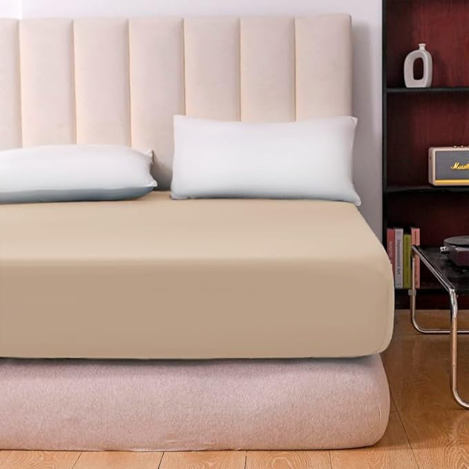 Parizoda Plain Fitted Sheet Extra Deep Pocket 30Cm , Elastic Pocket Breathable, Kingsize (5'), Beige
