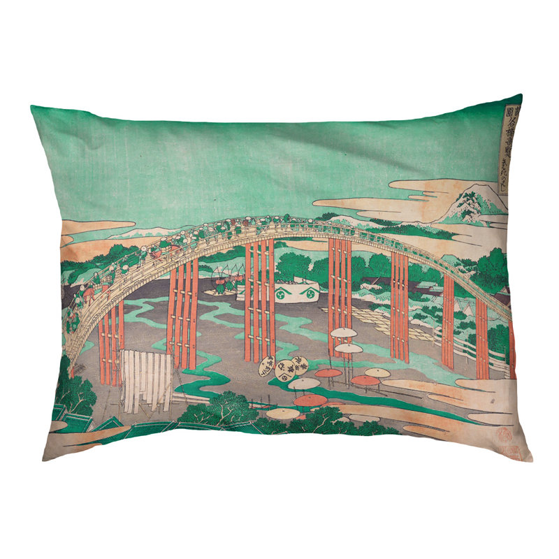 Coussin de conception japonaise bridge Burkart, L 32,5 po x l 42,5 po, Vert / pêche / noir