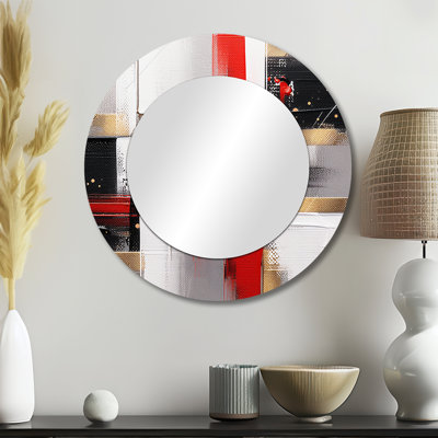 Red And Gold Cubic Abstract I - Cubism Red Large Round Mirror