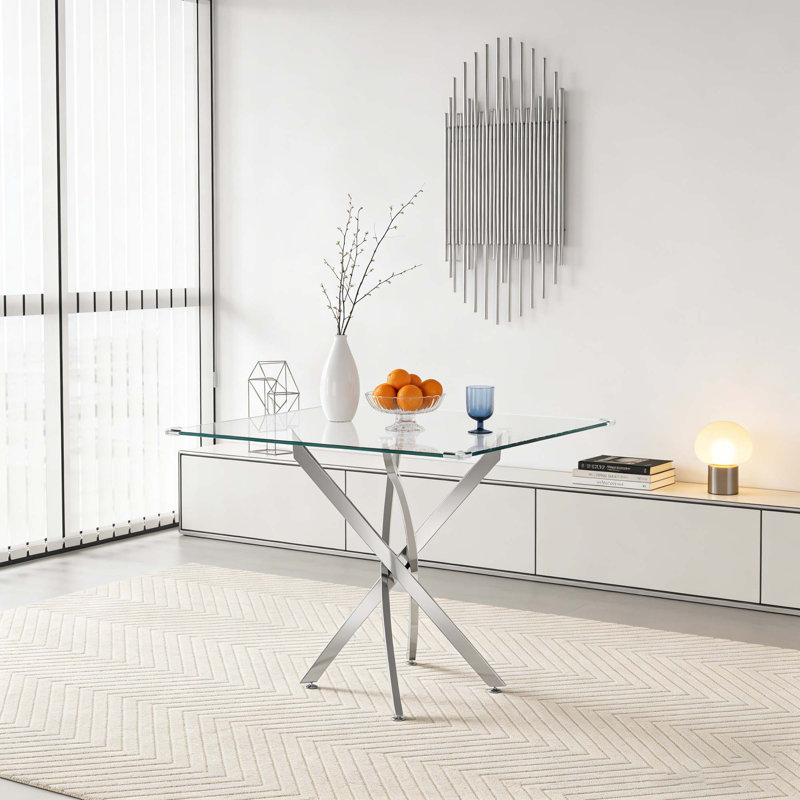Brintney Contemporary Square Clear Dining Tempered Glass Table with Stainless Steel Legs,dinning table,dining room table