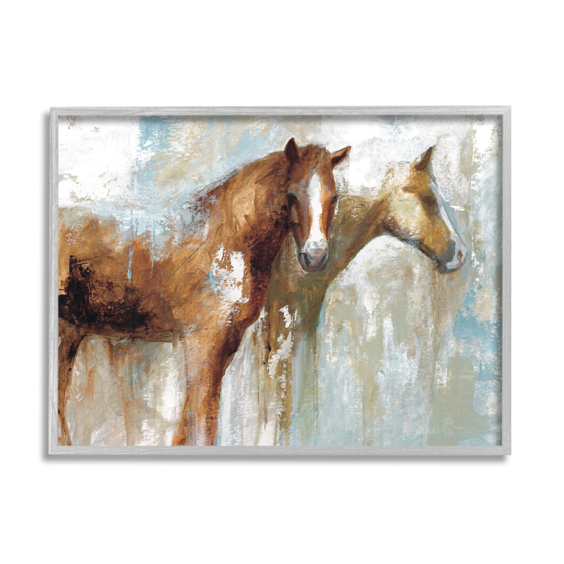 «Layered Abstract Horses Foals», peinture sur toile encadrée, art texturé blanc par échelle blanche, L 14 po x H 11 po
